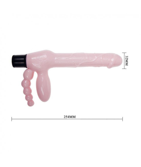 Розовый безремневой вибрострапон с анальным отростком - 24,8 см.