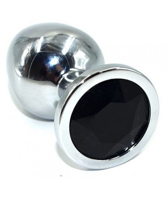 Серебристая анальная пробка из нержавеющей стали с черным кристаллом - 8,5 см.