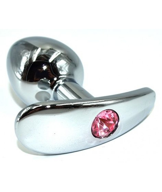 Серебристая анальная пробка для ношения из нержавеющей стали с розовым кристаллом - 8 см.