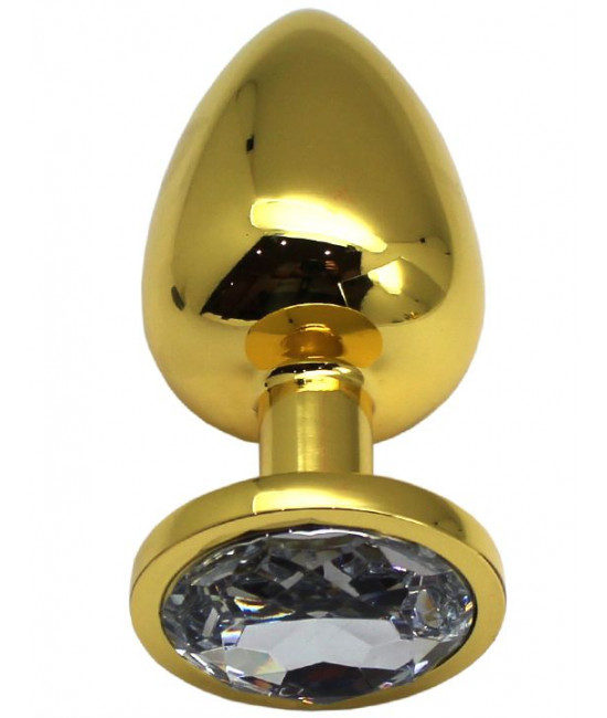 Золотистая анальная пробка с прозрачным кристаллом - 9 см.