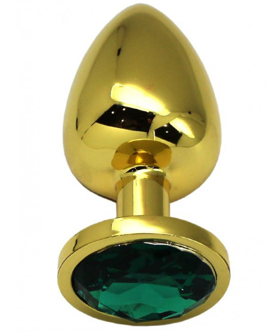 Золотистая анальная втулка с изумрудным кристаллом - 9,5 см.
