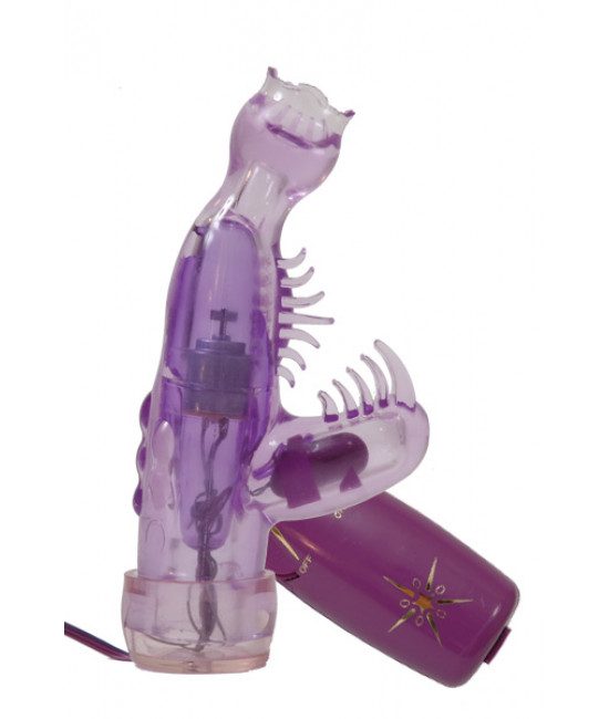 Фиолетовый мини-вибратор со стимулятором клитора - 13 см.