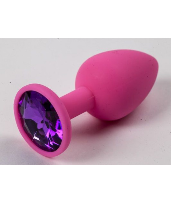 Розовая силиконовая анальная пробка с фиолетовым стразом - 7,1 см.