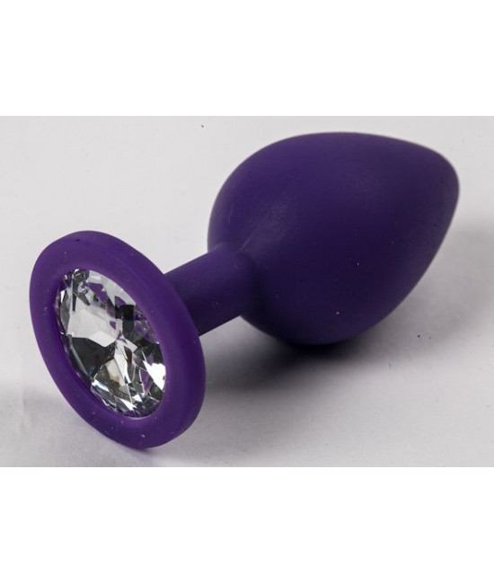 Фиолетовая силиконовая анальная пробка с прозрачным стразом - 8,2 см.