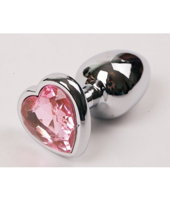 Серебристая анальная пробка с розовым стразиком-сердечком - 8 см.