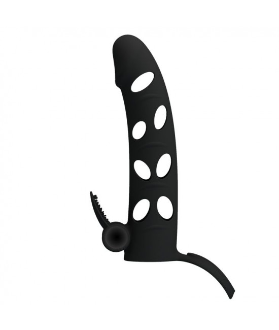 Чёрная закрытая насадка на пенис с вибрацией - 15,2 см.
