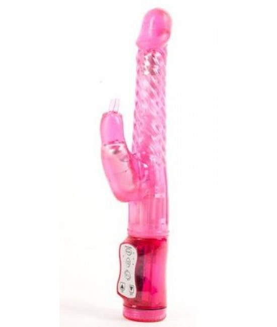Розовый гнущийся вибратор с клиторальной стимуляцией - 24,5 см.