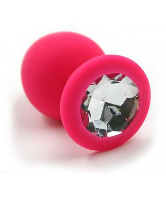 Розовая силиконовая анальная пробка с прозрачным кристаллом - 7 см.
