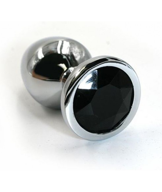 Серебристая алюминиевая анальная пробка с чёрным кристаллом - 6 см.