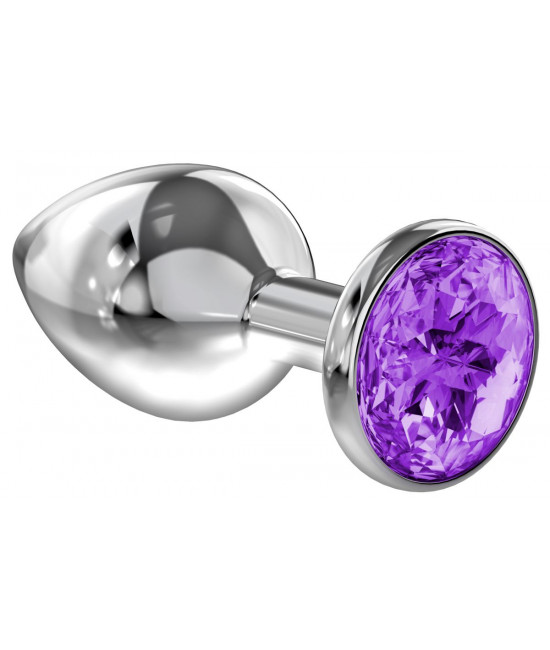 Большая серебристая анальная пробка Diamond Purple Sparkle Large с фиолетовым кристаллом - 8 см.