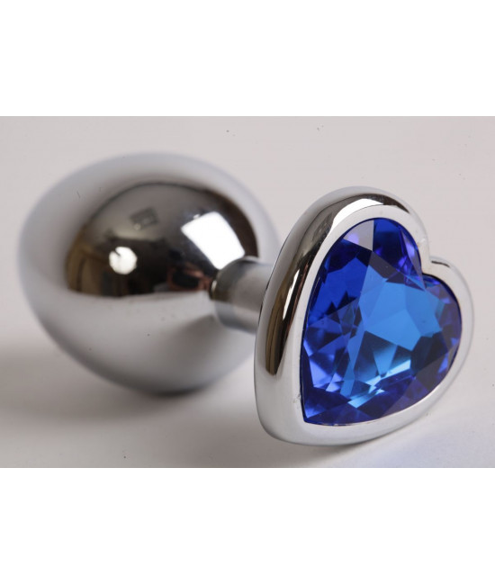 Серебристая анальная пробка с синим кристаллом-сердцем - 9 см.