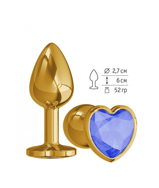 Золотистая анальная втулка с синим кристаллом-сердцем - 7 см.